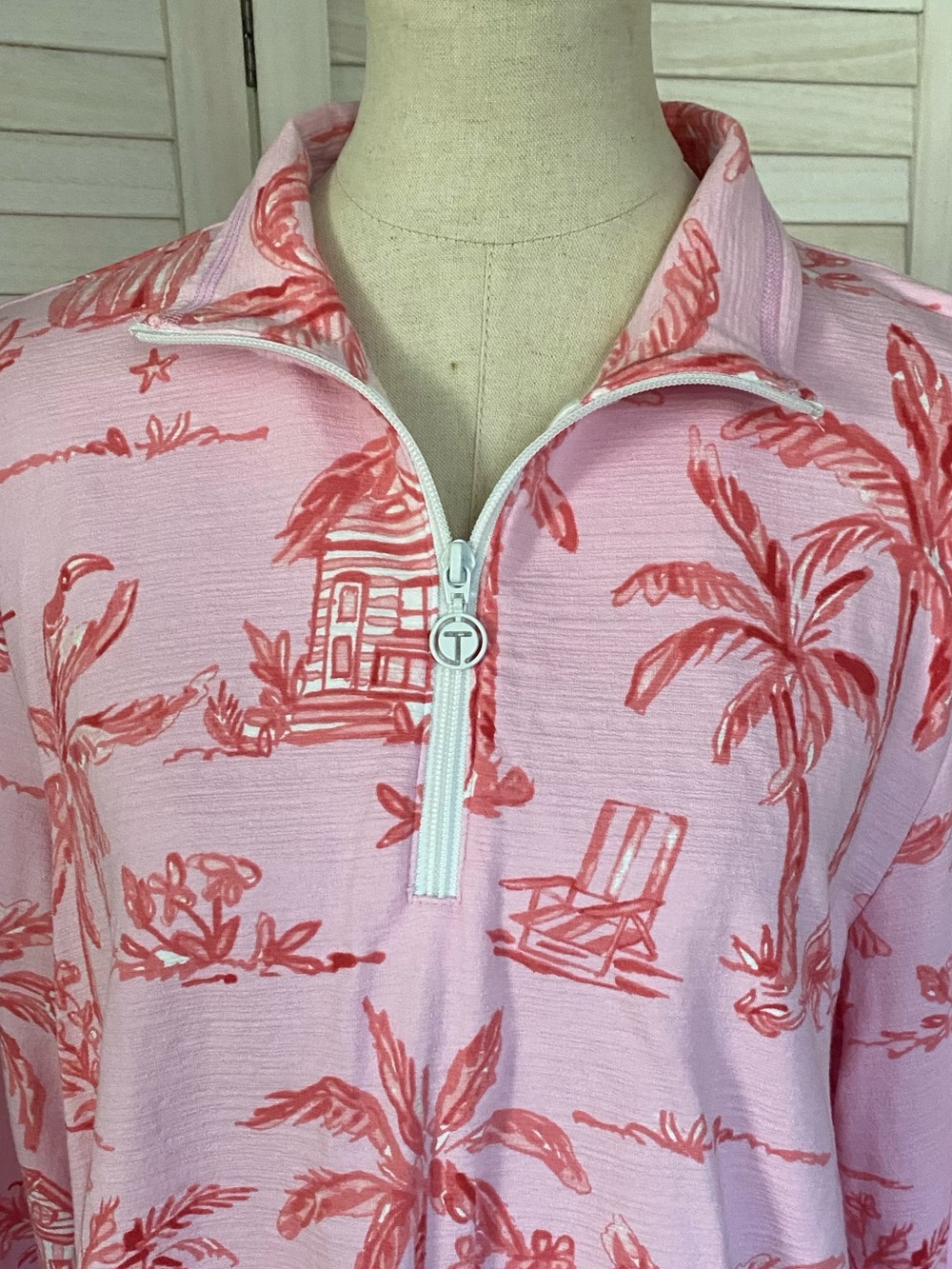 T by Talbots Pink Tropical Palm Print Quarter Zip Long Sleeve Top SZ XL uPF 50+ - Picture 13 of 15